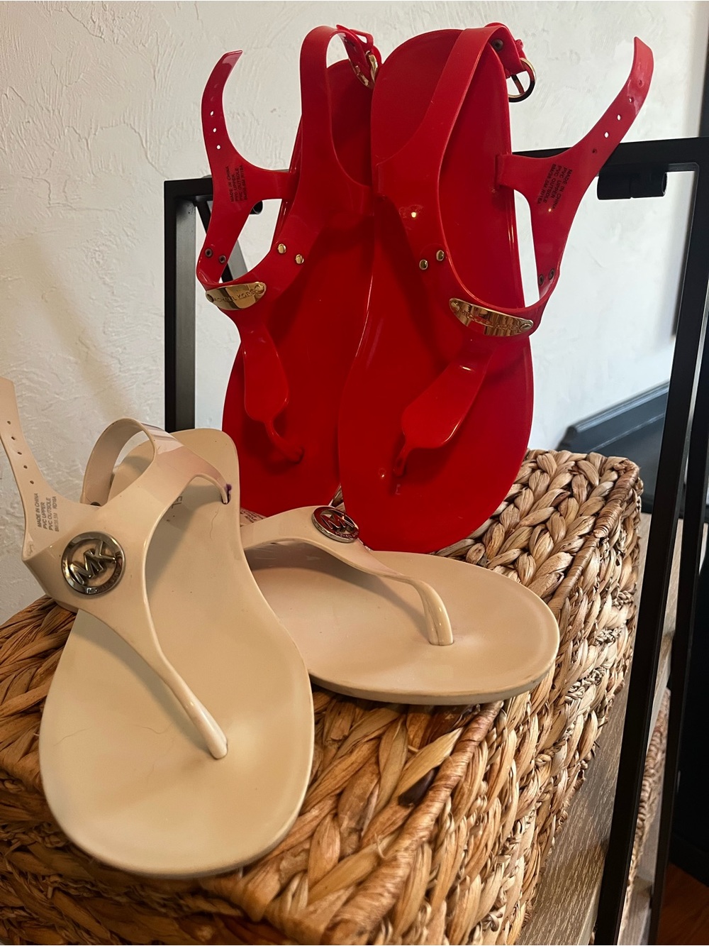 Michael Kors Red & Beige Jelly Thong Sandals with Gold MK Accents